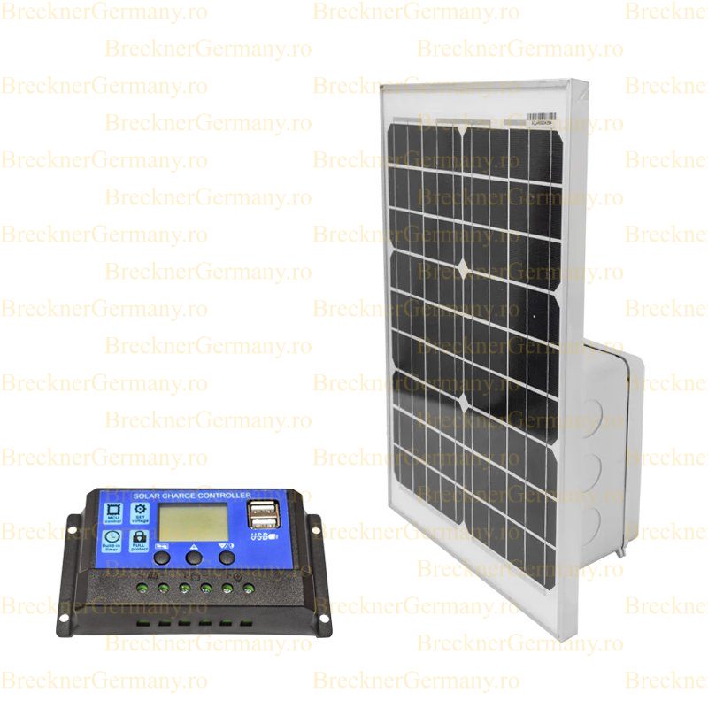 شجاعة يقظة تفرز  Panou solar 20W fotovoltaic monocristalin 450x340x20mm cu baterie 12V/17Ah,  regulator 12/24V 10Ah si 2x port USB Breckner Germany - BK87442