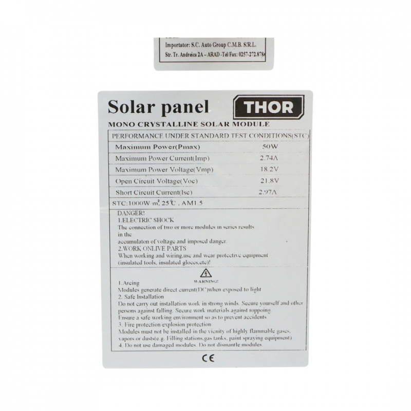 Panou solar 50W fotovoltaic monocristalin cu tensiune maxima 18.2V si cablu de conectare 400x670x25mm Thor